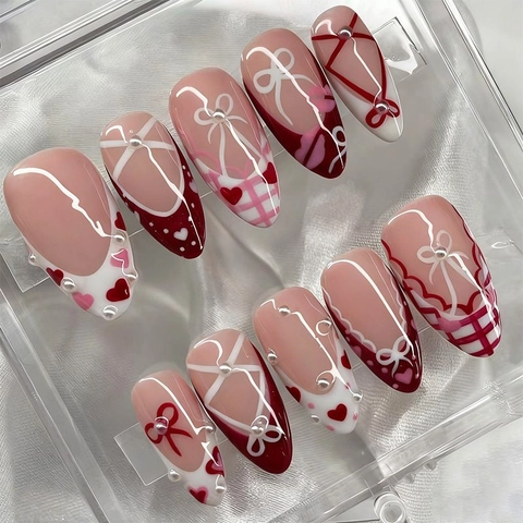 Press On Nails Long Almond Shape French Sweet Balletcore Style Bow Heart Artificial Pearls Rhinestone Design For Women