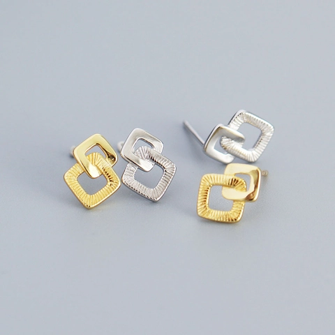 Geometric Interlocking Square Stud Earrings With 925 Sterling Silver Earring Post Textured Minimalist Jewelry For Women