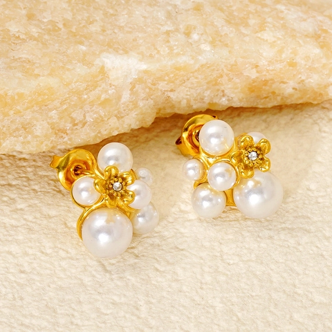 Orecchini A Lobo Con Fiori Di Künstliche Perle Placcati In Oro 18K Acciaio Inossidabile Stile Francese Vintage Gioielli Eleganti Donna