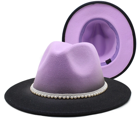 Fedora Hut Mit Breiter Krempe Farbverlauf Patchwork Baumwolle Polyester Filz Jazz Kappe Mit Kunstperlenband Damen Herren
