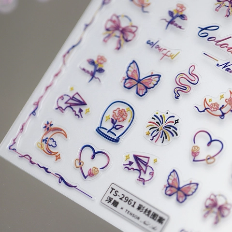 Autocollants Art De L'Ongle En Relief Papillon Coloré Fleurs Arc-En-Ciel Motifs Linéaires Auto-Adhésif Décalcomanies