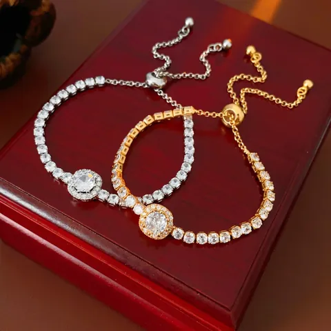 Bracciale Bolo Halo In Zirconia Cubica Rotonda Regolabile Rame Strass Catena Tennis Gioielli Eleganti Per Donna