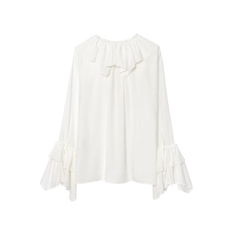 Elegante Witte Blouse Met Lange Mouwen Gelaagde Ruches en V-Hals Met Strikje Crêpestof Retro Casual Dames Top