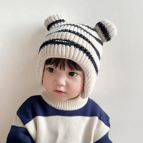 Baby Gestreifte Strickmütze Ohrenschutz Mütze Warme Winter Fleecegefütterte Kappe Mit Süßen Bärenohren Für Kleinkinder