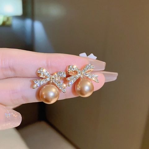 Pendientes De Botón De Perla Artificial De Imitación Con Lazo De Strass Y Poste De Plata De Ley 925 Elegante Dorado Estilo Retro Francés