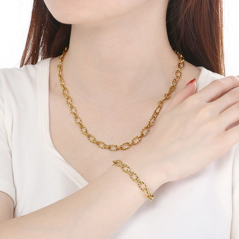 Conjunto De Collar Y Pulsera De Acero Inoxidable Cadena De Eslabones En O Textura Retorcida Joyería De Moda