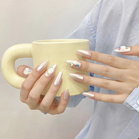 Handmade Press On Nails Almond Pearlescent Seashell Color Stone 3D Decorative Fake Nails And Application Tools