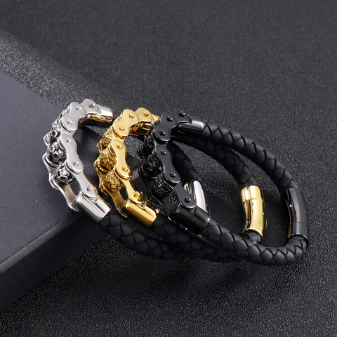 Bracciale Punk Teschio Uomo Acciaio Inossidabile Catena Da Bicicletta Pelle Intrecciata Gothic Vintage Gioielli Biker
