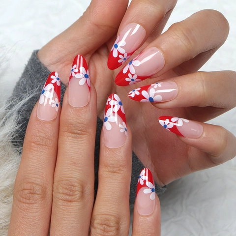 Uñas Postizas Largas De Almendra De Estilo Dulce Con Borde Francés Rojo Y Flores De Margarita Blancas Uñas Elegantes Para Mujeres