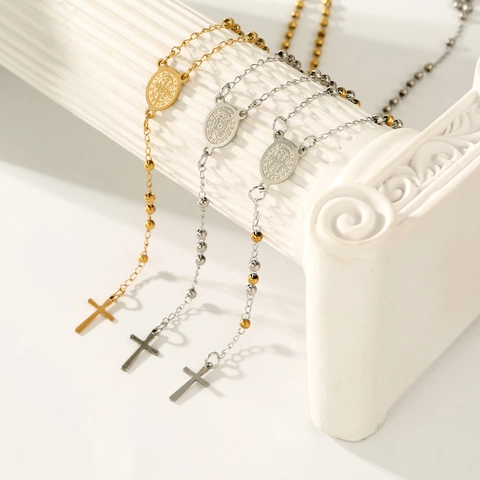 Roestvrijstalen Rozenkrans Kralenketting Met Kruisvanger En Sint Benedictus Medaille Religieuze Sieraden Voor Dames Mode