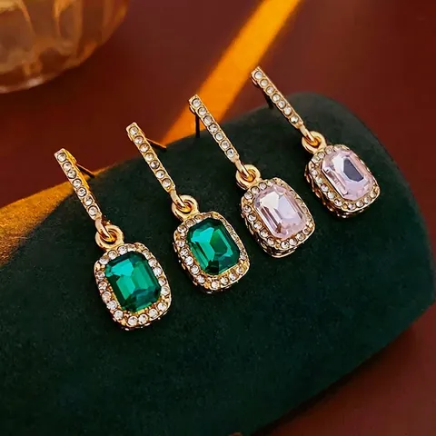 Boucles D'oreilles Pendantes Rectangulaires Rétro Françaises Cristal Vert Émeraude Tige Argent Sterling 925 Alliage Luxe