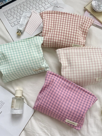 Plaid Floral Cosmetic Bag Large Capacity Portable Toiletry Organizer Polyester Pouch Zipper Closure For Women Travel