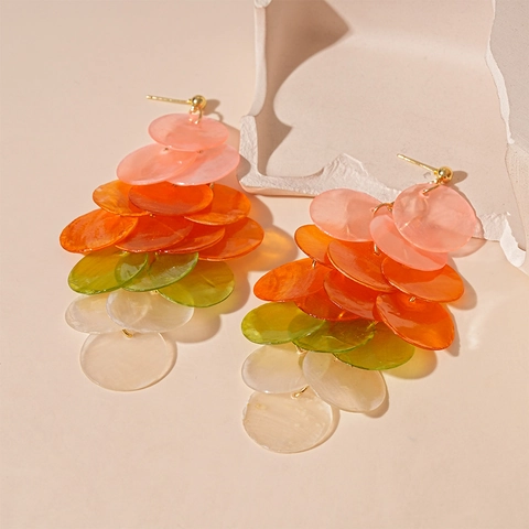 Bohemian Shell Dangle Earrings With Silver Earring Post Multi Layered Gradient Round Disc Beach Vacation Style Women