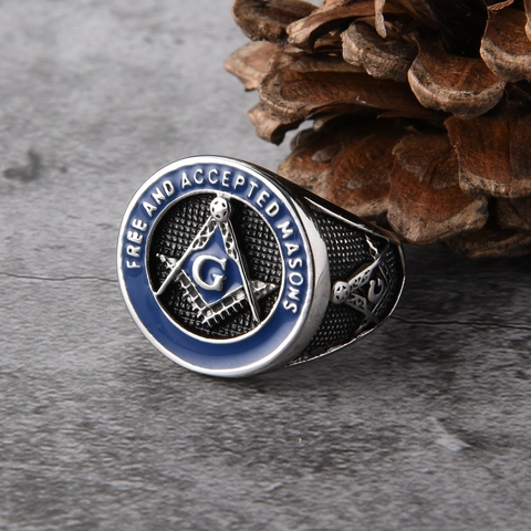Anello Massonico Vintage in Acciaio Inossidabile per Uomo Smalto Blu Squadra e Compasso Massoneria Anello Retrò Biker Gioielli