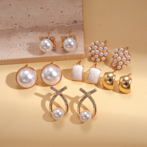 Geometric Faux Artificial Pearl Rhinestone Earrings With Silver Earring Post Retro Minimalist Elegant Jewelry For Women