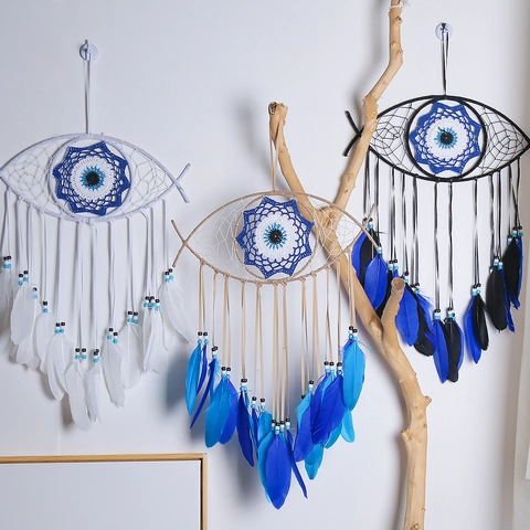 Evil Eye Dreamcatcher Wall Hanging Handmade Feather Beads Boho Ornament Home Decor For Bedroom Living Room