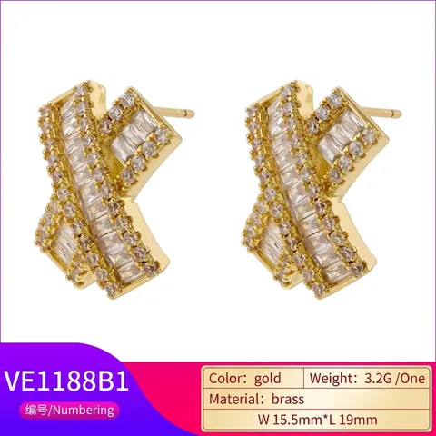 X Shape Stud Earrings Copper With Baguette Cut Colorful Cubic Zirconia Cross Design Elegant Fashion For Women