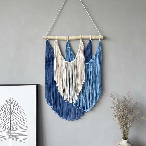 Arazzo Da Parete Macramé Bohemien Fatto A Mano In Cotone Intrecciato Con Asta In Legno Decorazione Con Frange E Nappe