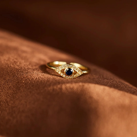 Anello Aperto Regolabile in Argento Sterling S925 Con Malocchio e Zirconia Placcato Oro Occhio Blu Gioielli da Donna