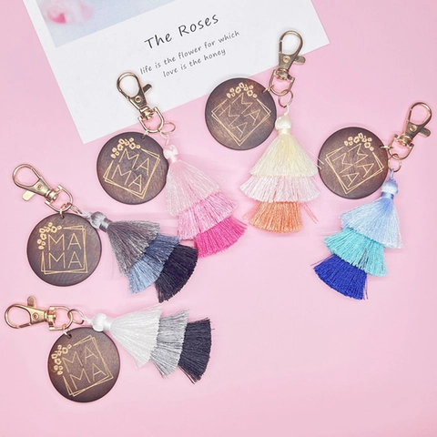 MAMA Letter Round Wooden Keychain With Layered Gradient Tassel Handmade Bag Charm Pendant Mother's Day Gift