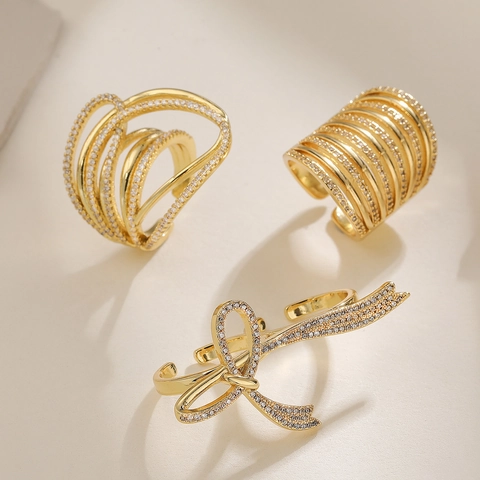 18K Gold Plated Copper Ring For Women Zircon Inlaid Irregular Geometric Adjustable Open Finger Jewelry Fashion