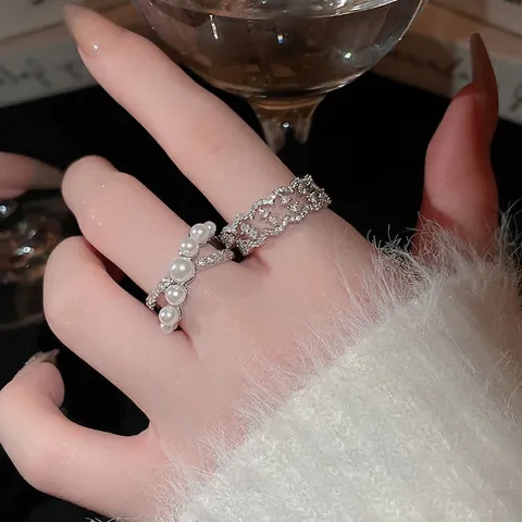 French Style Crossover Adjustable Opening Rings For Women Silver Color Copper Zircon Imitation Artificial Pearl Elegant Jewelry