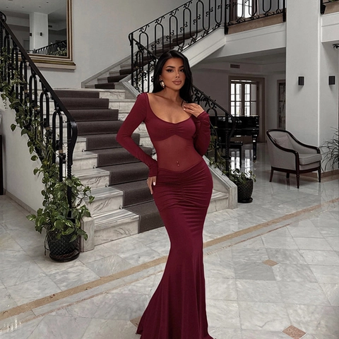 Burgundy Long Sleeve Maxi Dress Sexy Mesh Patchwork High Waist Slim Fit Fishtail Evening Gown For Women