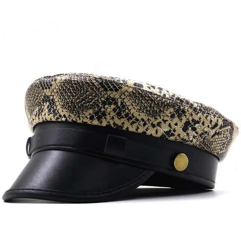 Gorra Newsboy Cuero PU Patrón Serpiente Parte Superior Plana Sombrero Militar Con Botón Dorado Decorativo Para Mujeres