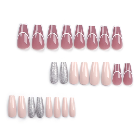 Franse Press On Nagels Roze Wit Boog Lijn Zilver Glitter Doodskist Vorm Lange Kunstmatige Valse Nagels DIY Manicure Vrouwen