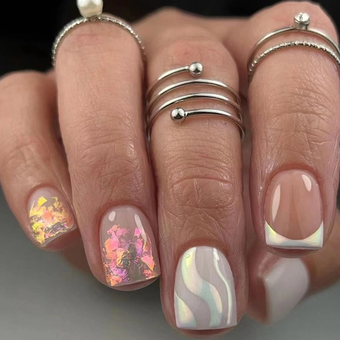 Short Square Press On Nails Aurora Wave Pink White Gradient Wearable Glossy Artificial False Finger Nails For Women