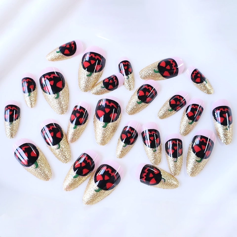 Faux Ongles Halloween Longs Forme Amande Paillettes Dorées Design Citrouille Noir Français Pour Femmes