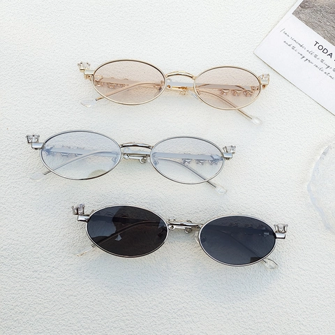 Retro Oval Sunglasses Metal Frame With Rhinestones Vintage Small Frame UV400 Eyewear For Women Men