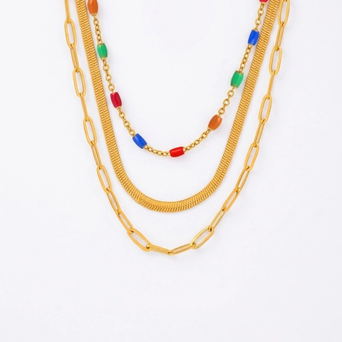 Gold Titanium Steel 3-Layer Stacking Necklace For Women Multicolored Enamel Beads Snake Paperclip Chain Hip Hop Jewelry