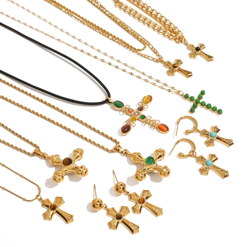 Stainless Steel Cross Pendant Necklace Waterproof Hypoallergenic Gold Plated Zircon Artificial Pearl Clavicle Chain For Women