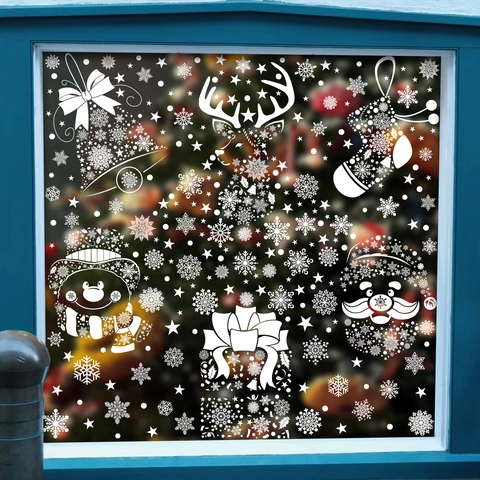 Christmas Window Stickers PVC Static Cling Snowflake Santa Claus Elk Reindeer Decals For Glass Door Home Holiday Decor
