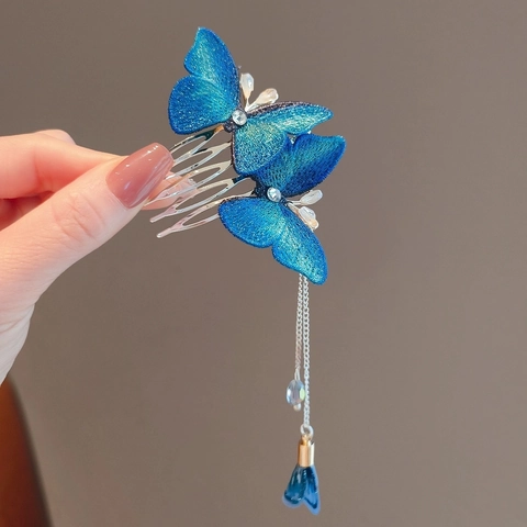 Pettine Per Capelli Farfalla Ricamata Blu Con Nappa Lunga Strass Lega Stile Retrò Per Donna Copricapo Elegante