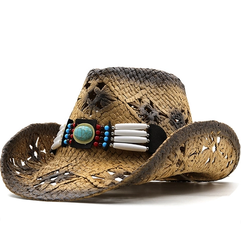 Cappello Di Paglia Western Cowboy Intrecciato Traforato Tesa Larga Fascia Etnica Turchese Perline Protezione Solare Unisex