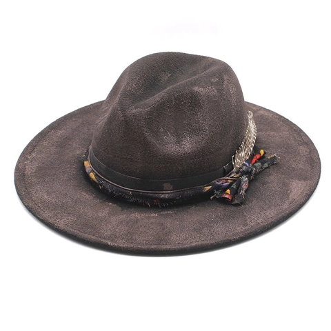Distressed Vintage Fedora Hat Wide Brim Felt Ethnic Floral Ribbon Leather Band Metal Feather Western Bohemian Style