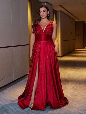 Women Plus Size Evening Dress Deep V Neck High Slit Sparkly Satin Floor Length Formal Party Gown Elegant