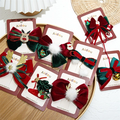 Christmas Bow Hair Clips Velvet Reindeer Antler Hairpins Santa Claus Christmas Tree Festive Hair Accessories For Women