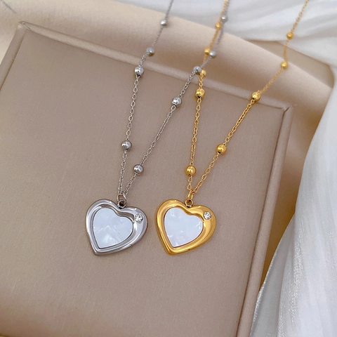 Heart Necklace Stainless Steel Mother Of Artificial Pearl Shell Inlay Zircon Minimalist Gold Plated Clavicle Chain For Women