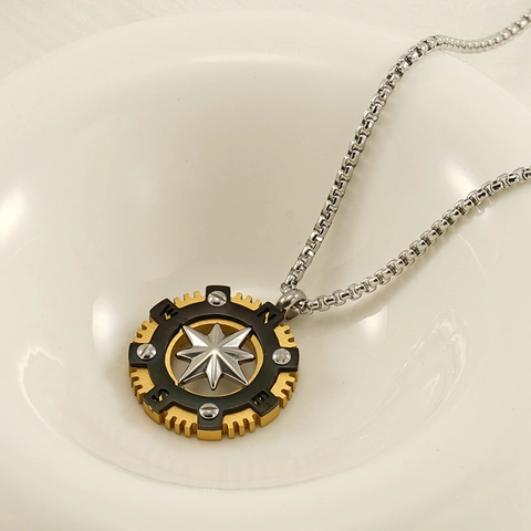 Retro Stainless Steel Compass Pendant Necklace Eight Pointed Star Nautical Helm Vintage Industrial Jewelry For Men