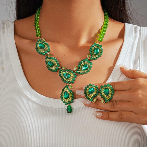 Collana E Orecchini A Goccia D'acqua Verde Smeraldo Vintage In Lega Vetro Cristallo Strass Con Perno In Argento Donna