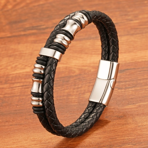 Herren Doppellagiges Geflochtenes Lederarmband Edelstahl Geometrische Ringe Magnetverschluss Punk Stil Schmuck Handgelenksband