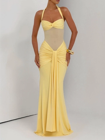 Halter Neck V Neck Maxi Dress Ruched Mesh Patchwork Backless Slim Fit Elegant Banquet Evening Gown