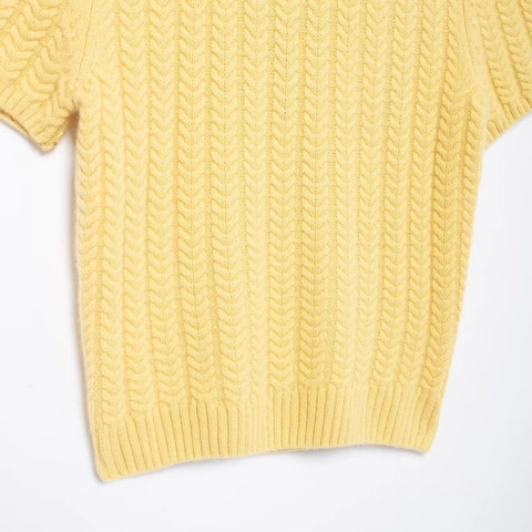 Top De Punto De Manga Corta Para Mujer Punto De Cable Cuello Redondo Color Sólido Casual Dulce Amarillo Suéter