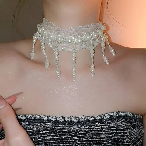 Vintage White Lace Mesh Choker Necklace With Imitation Artificial Pearl Tassels Elegant Palace Style Jewelry For Women