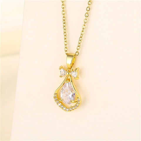 Collana A Goccia In Zircone Placcata Oro 18K Catena In Acciaio Inossidabile Ciondolo Con Fiocco Gioielli Moda