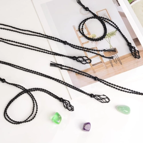 Hand Woven Net Pocket Necklace Adjustable Cord Natural Crystal Stone Holder DIY Bohemian Jewelry For Women Men