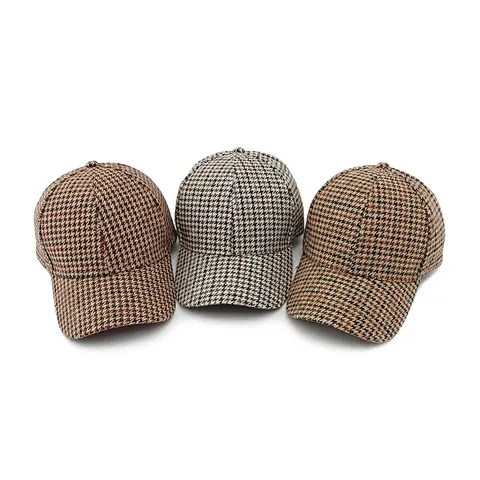 Vintage Houndstooth Plaid Baseball Cap Curved Brim Hard Top Adjustable Polyester Tweed Sunshade Outdoor For Women Men